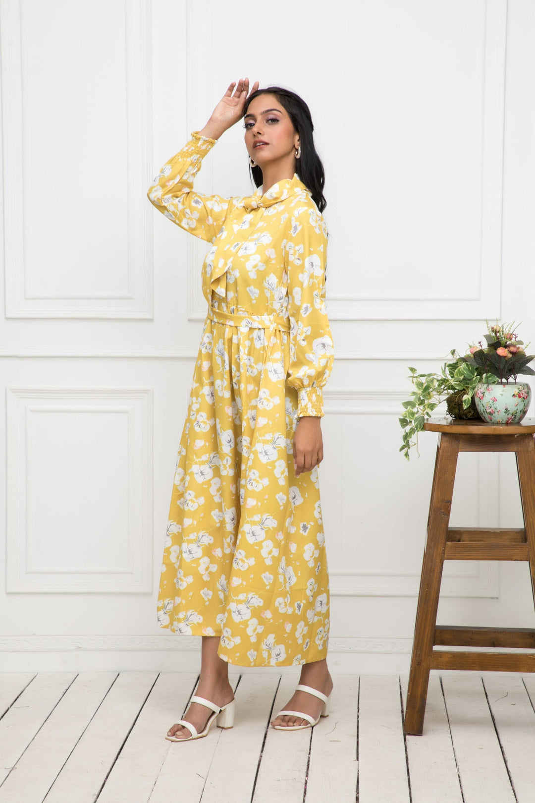 Women's Yellow Floral Rayon A-Line Shirt Collar Dress - Myshka