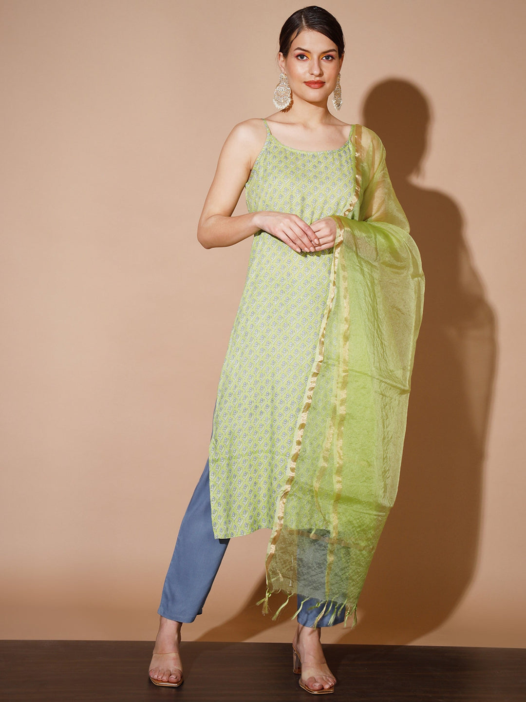 Women's Green Printed Kurta & Trousers With Dupatta - Myshka
