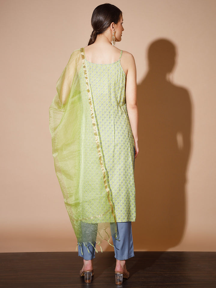 Women's Green Printed Kurta & Trousers With Dupatta - Myshka