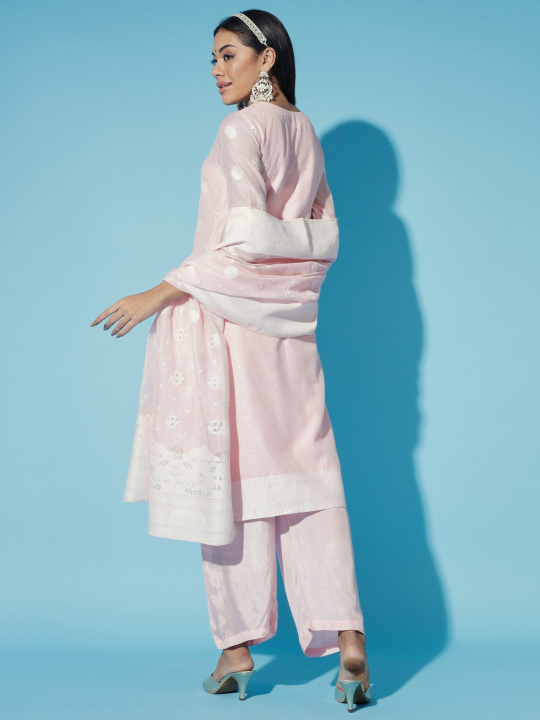 Women's Pink Embroidered Kurta & Trousers With Dupatta - Myshka