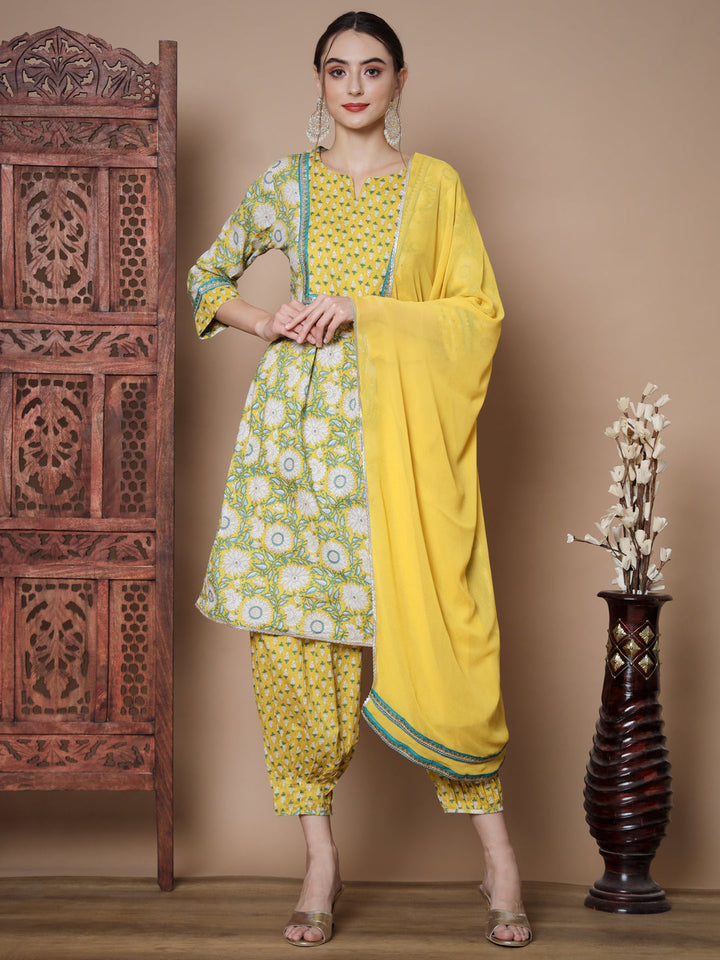 Women's Yellow A-Line Kurta & Salwar With Dupatta - Myshka