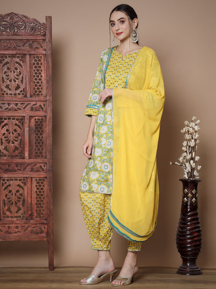 Women's Yellow A-Line Kurta & Salwar With Dupatta - Myshka