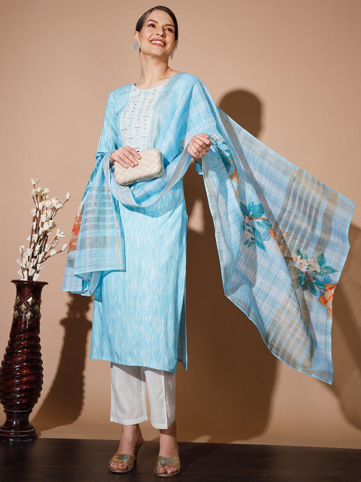 Women's Blue Printed Kurta & Trousers With Dupatta - Myshka