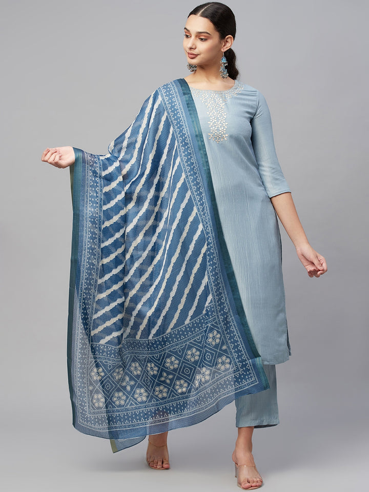 Myshka Trendy Style Women Light Blue silk blend Embroidered 3/4 Sleeve Round Neck Kurta Pant Dupatta Set