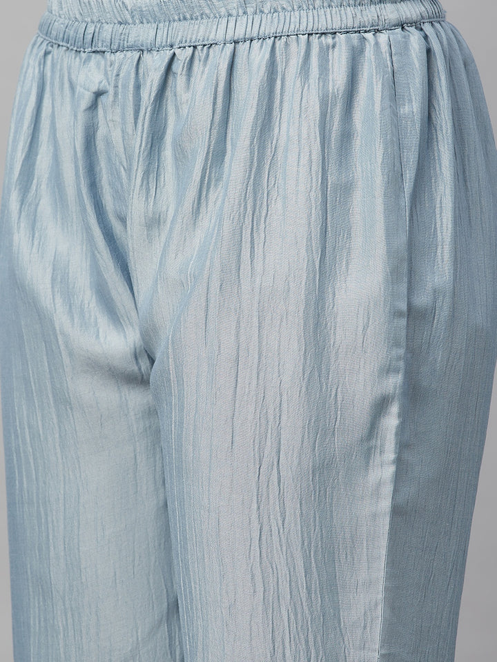 Myshka Trendy Style Women Light Blue silk blend Embroidered 3/4 Sleeve Round Neck Kurta Pant Dupatta Set