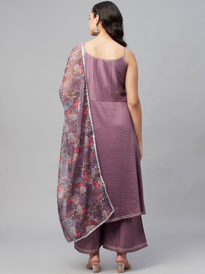 Myshka Trendy Style Women Mauve silk blend Solid Sleeveless Round Neck Neck Kurta Palazzo Dupatta Set