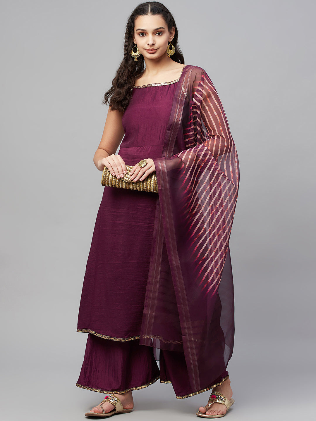Myshka Trendy Style  Marron silk blend Solid Sleeveless Round neck Kurta Palazzo Dupatta Set