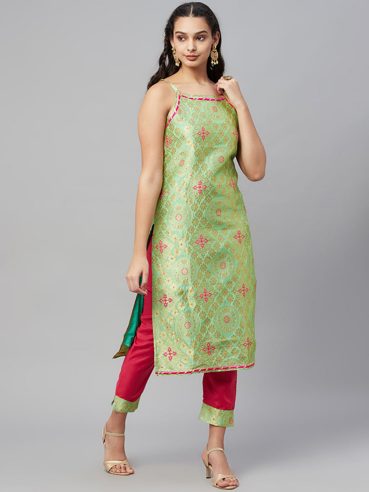 Myshka Trendy Style  Green jacard Printed Sleeveless Round neck Kurta Pant Dupatta Set