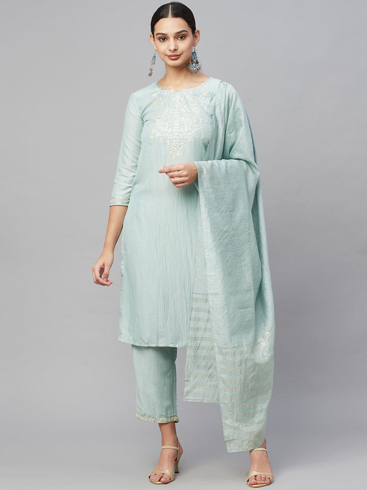 Myshka Trendy Style  grey silk blend Embroidered 3/4 Sleeve Round neck Kurta Pant Dupatta Set
