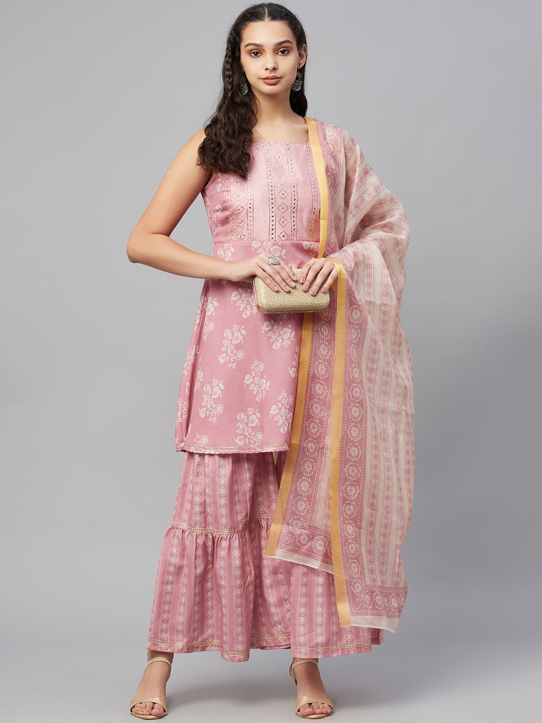 Myshka Trendy Design Women Peach cotton blend Printed Sleeveless Shoulder Straps Kurta with Sharara & Dupatta Set