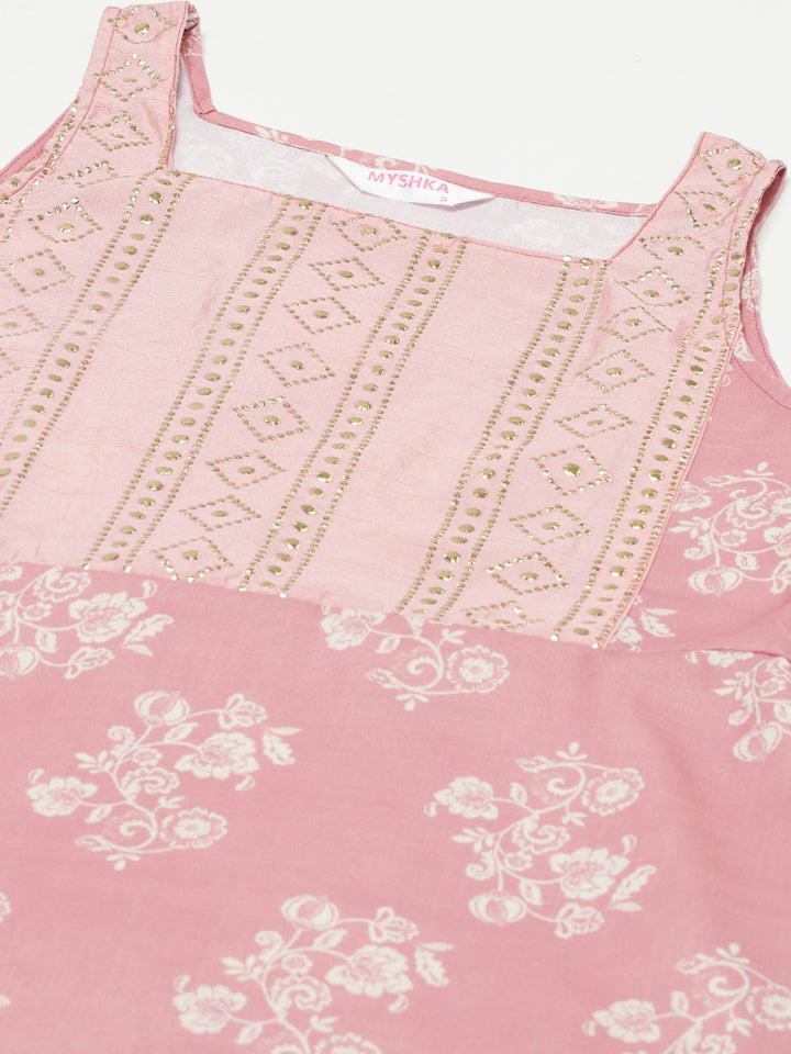 Myshka Trendy Design Women Peach cotton blend Printed Sleeveless Shoulder Straps Kurta with Sharara & Dupatta Set