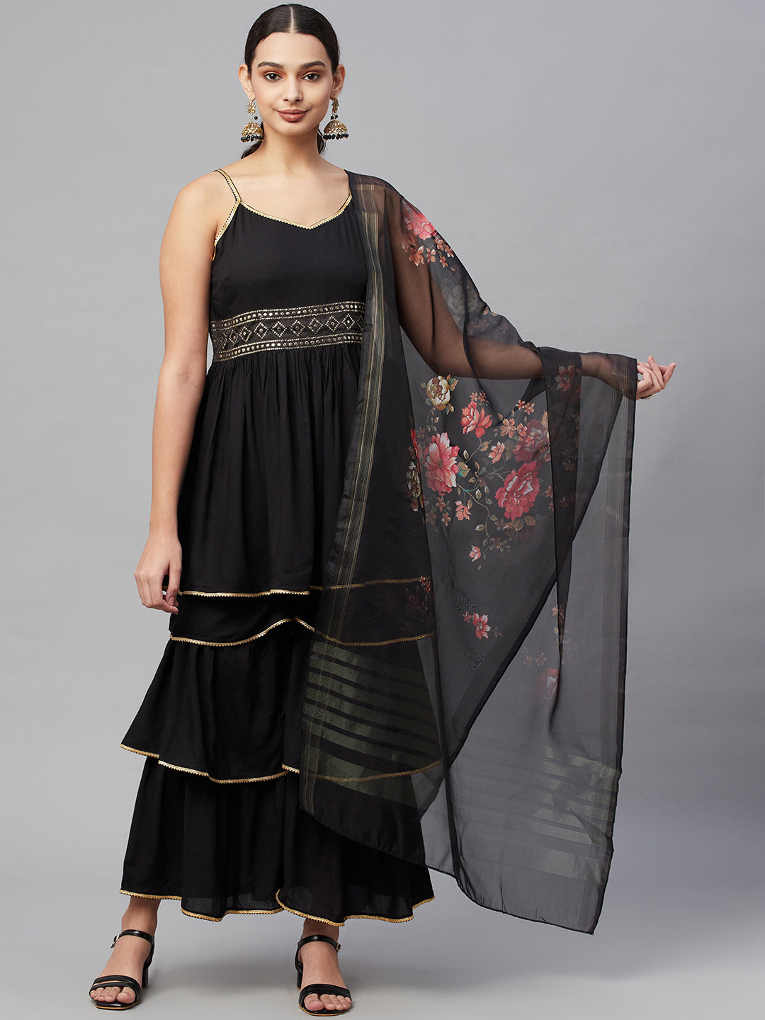 Myshka Trendy Design Women BLACK rayon Solid Sleeveless Round Neck Kurta with Sharara & Dupatta Set
