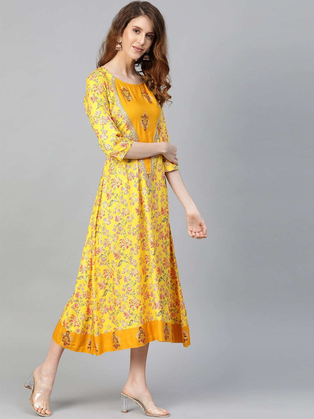 Myshka Women's Yellow Printed 3/4 Sleeve Cotton Slub Round Neck Casual Dress