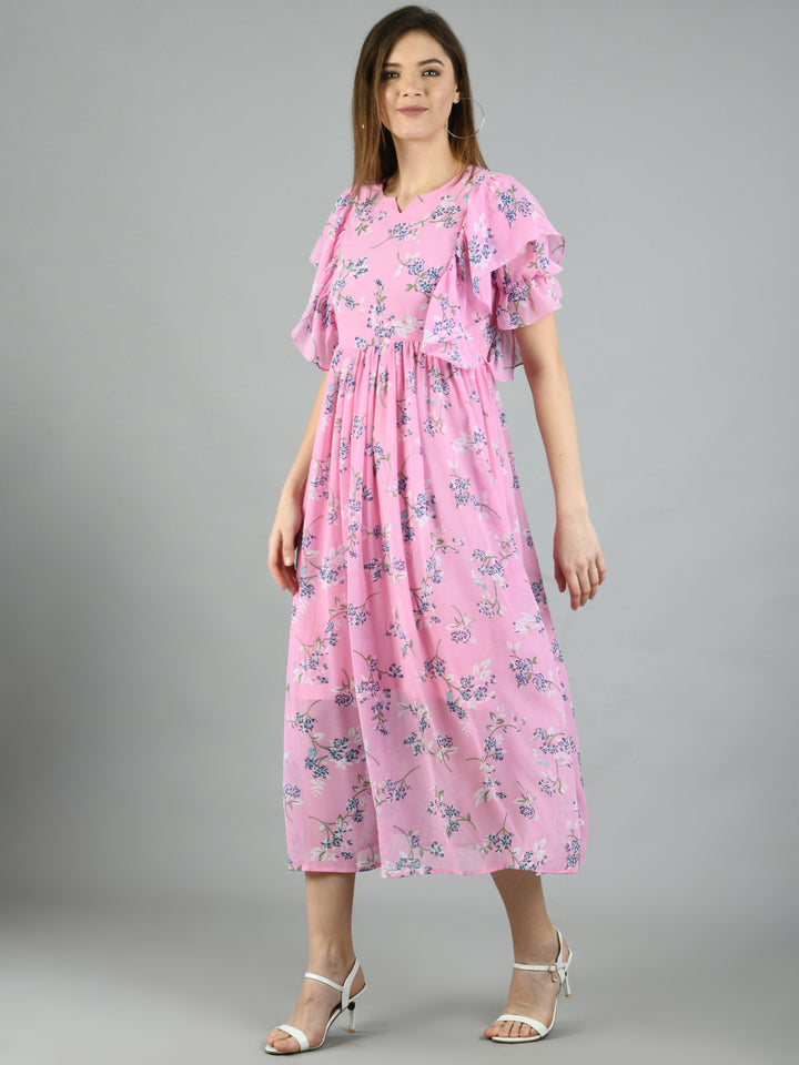 Myshka Women's Pink Georgette Printed Half Sleeve Round Neck Casual Dress
