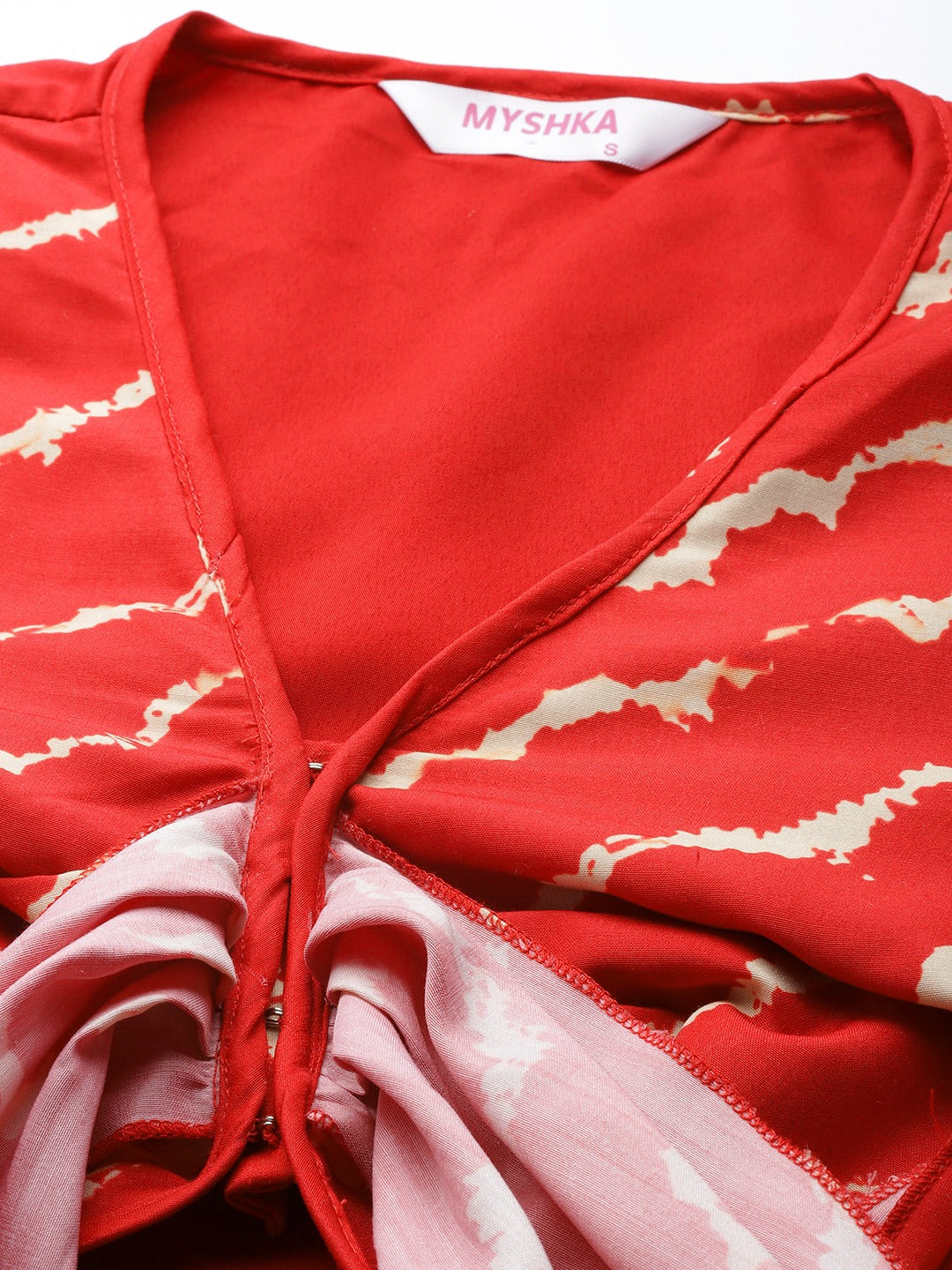 Myshka Trendy Stylish Women Red Printed Full Sleeve V Neck Dress