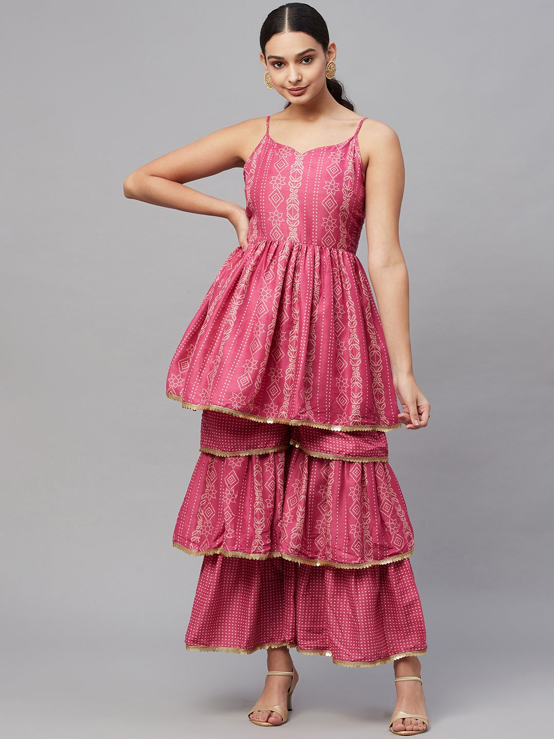 Myshka Trendy Stylish Women Pink Printed Sleeveless V-Neck Kurti Sharara Set