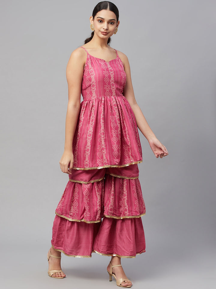 Myshka Trendy Stylish Women Pink Printed Sleeveless V-Neck Kurti Sharara Set