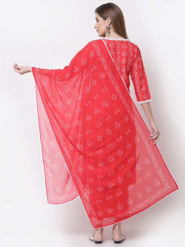 Myshka Women's Red Cotton Kurta Pant Dupatta Set