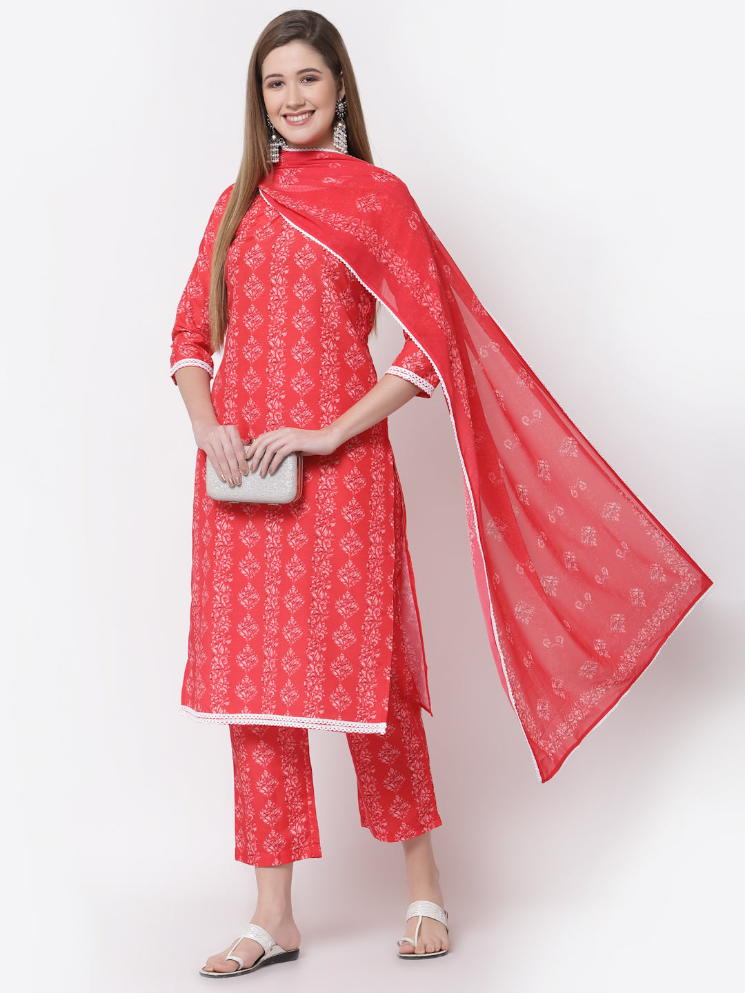 Myshka Women's Red Cotton Kurta Pant Dupatta Set