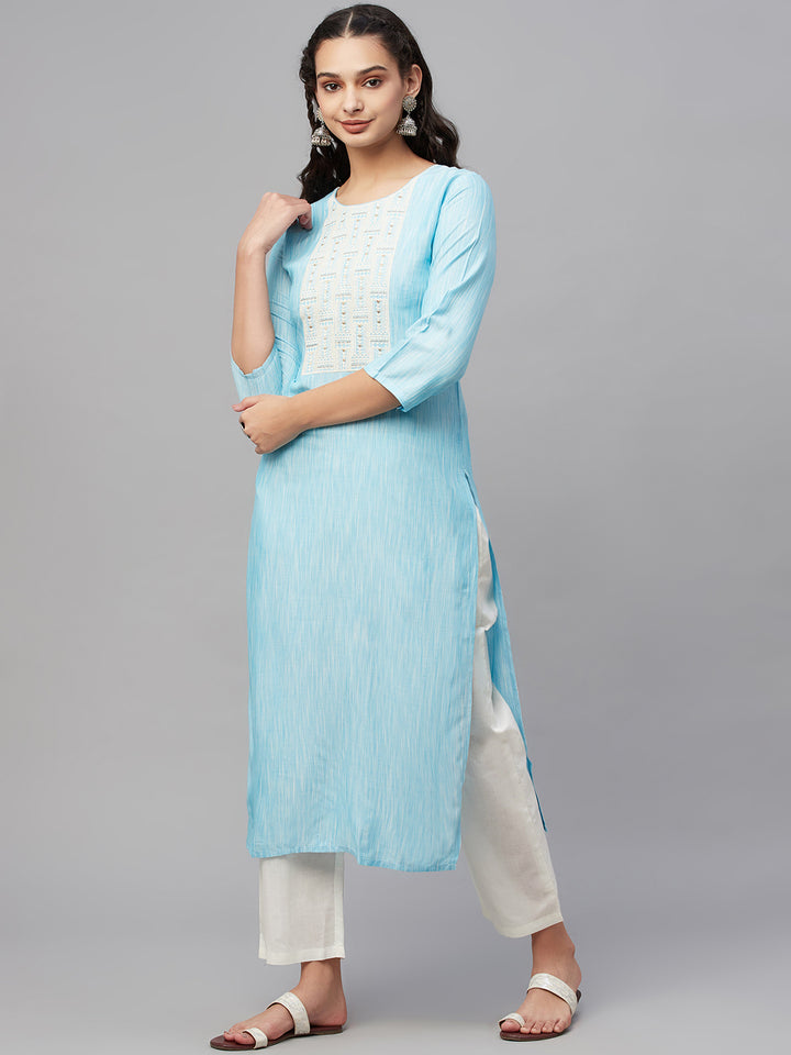 Myshka Trendy Stylish Women Turquoise Embroidered 3/4 Sleeve Round Neck Kurta Pant Dupatta Set