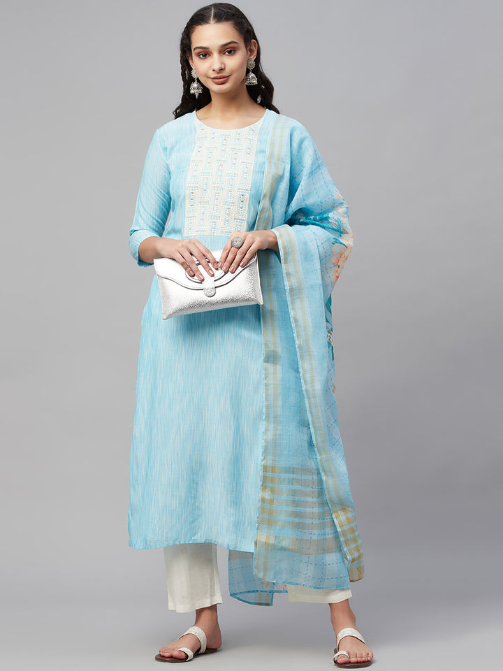 Myshka Trendy Stylish Women Turquoise Embroidered 3/4 Sleeve Round Neck Kurta Pant Dupatta Set