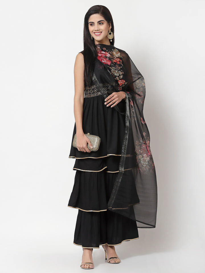 Women's Festive Wear Black Kurta Sharara Set