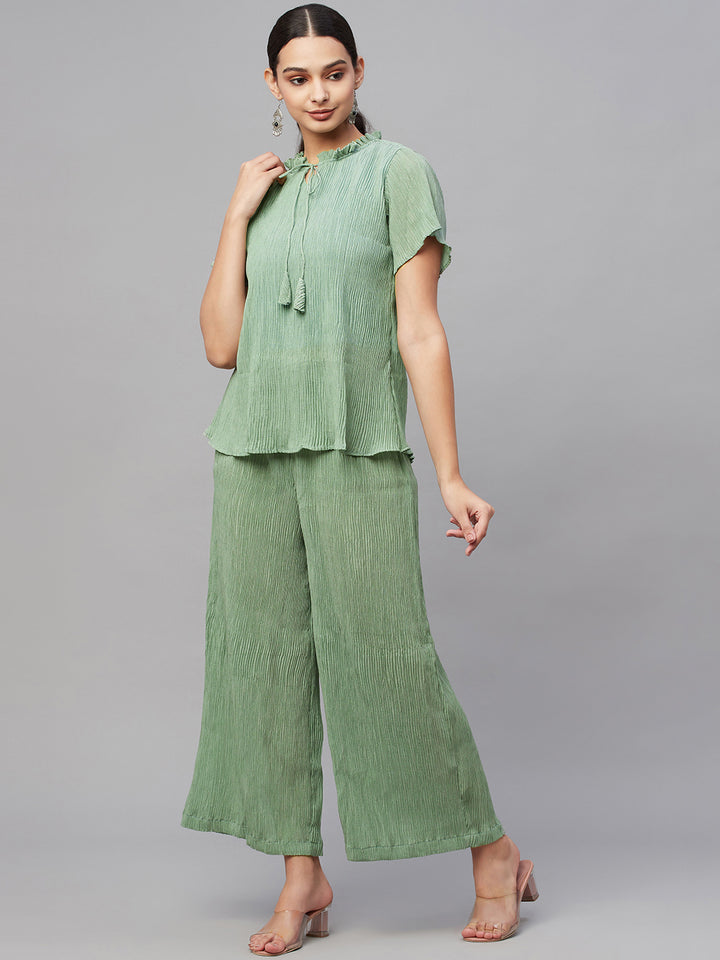 Myshka Trendy stylish women Green Chiffon Round Neck Top Palazzo set