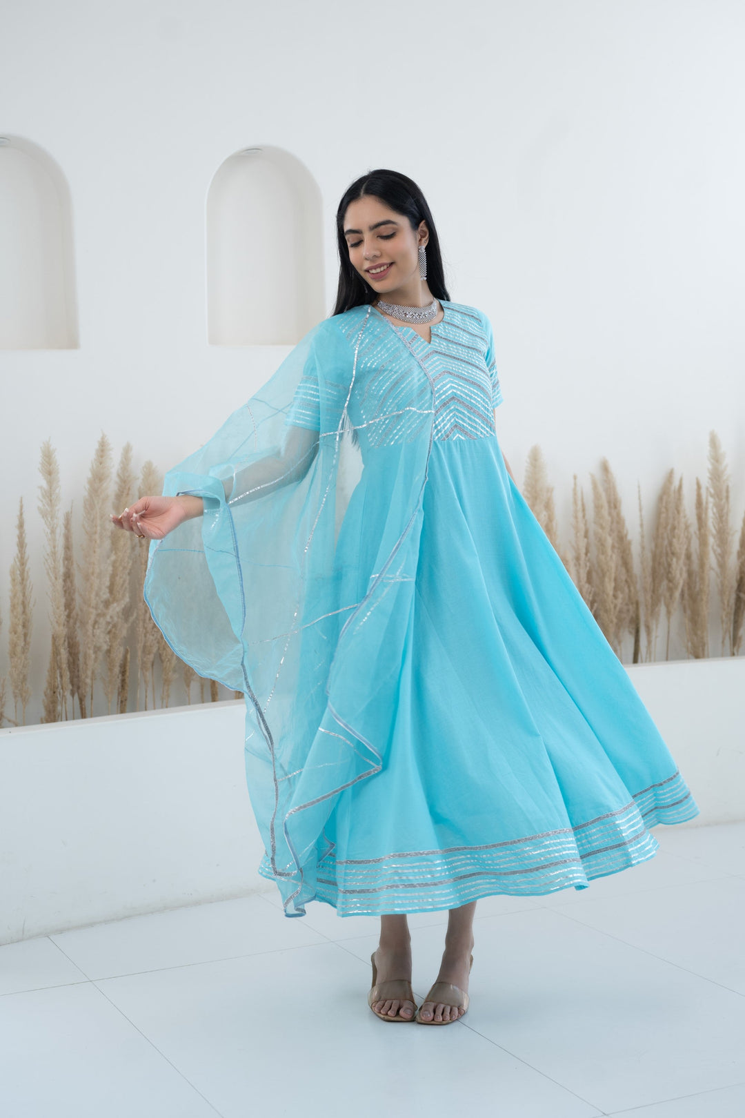 Women's Blue Anarkali Gown with Dupatta by Myshka- 2 pc set
