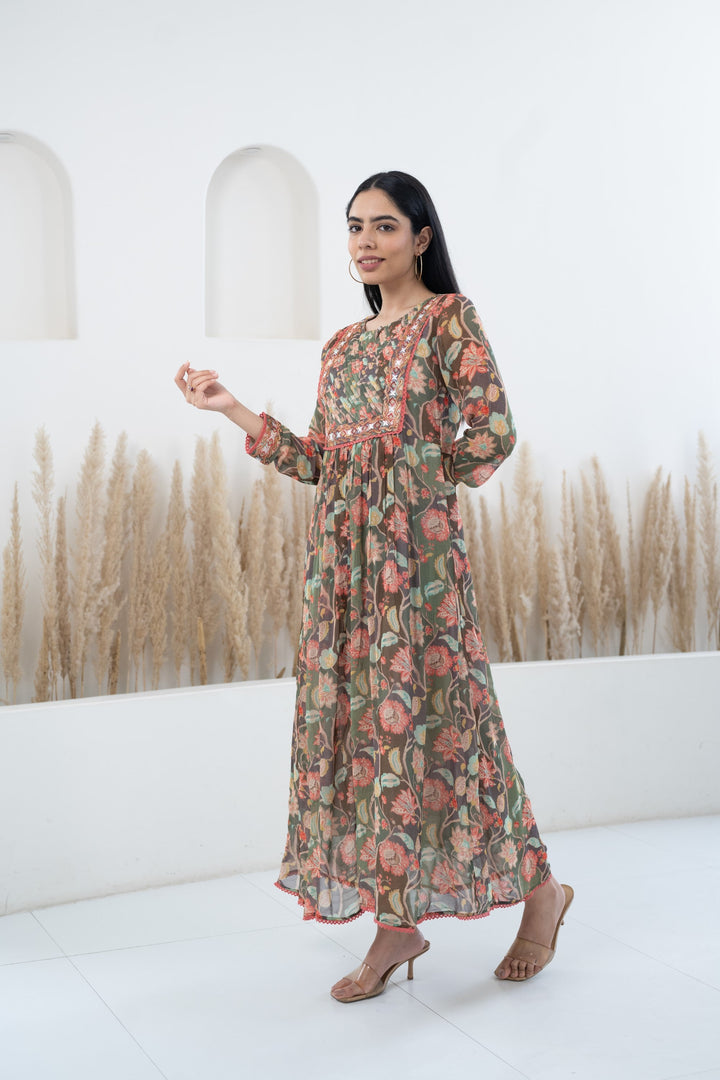 Women's Floral Printed Traditional Dress by Myshka- 1 pc set