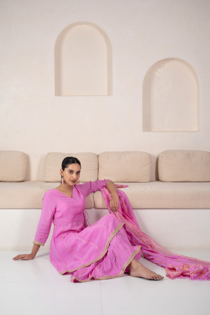 Women's Pink Angrakha Kurta set by Myshka- 3pc set