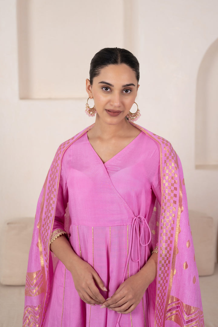 Women's Pink Angrakha Kurta set by Myshka- 3pc set