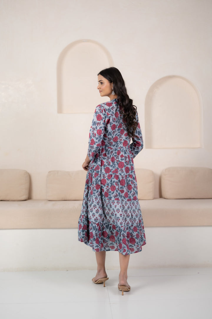 Women's Blue Floral Print Midi Dress by Myshka- 1pc set