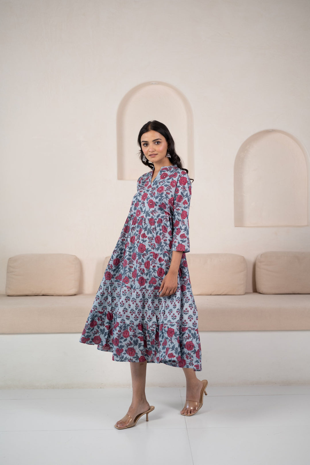 Women's Blue Floral Print Midi Dress by Myshka- 1pc set