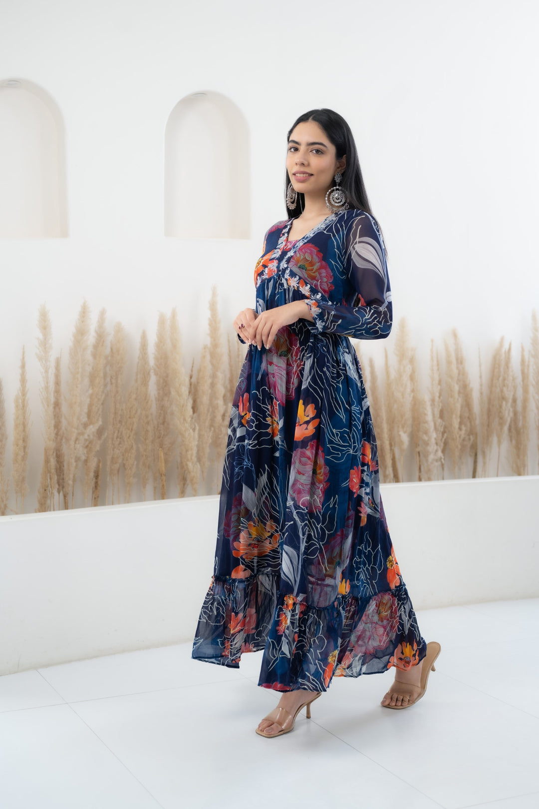 Women's Blue Floral Printed Long Dress by Myshka- 1 pc set