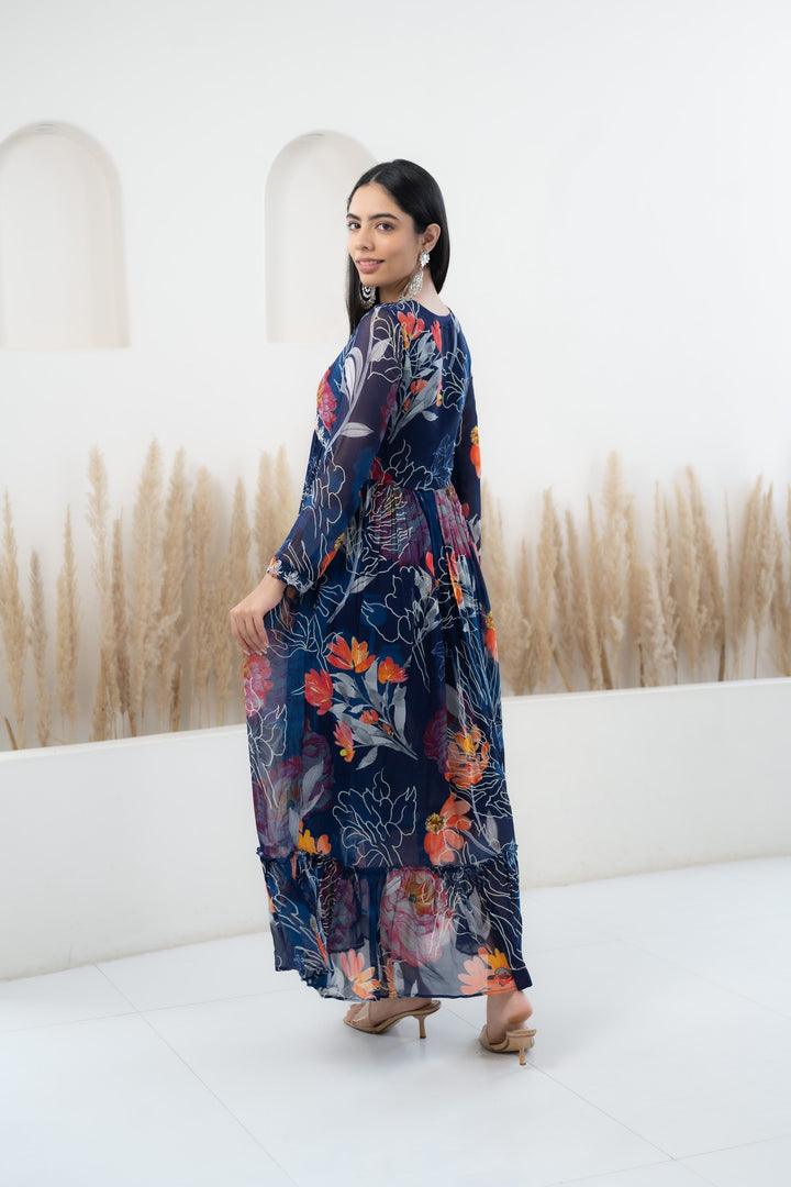 Women's Blue Floral Printed Long Dress by Myshka- 1 pc set