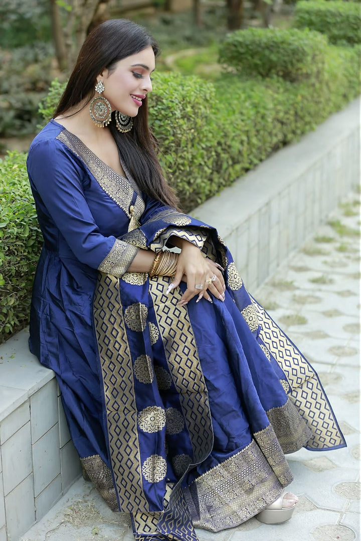 Women's Multi Silk Solid Blue Golden Anarkali Gown