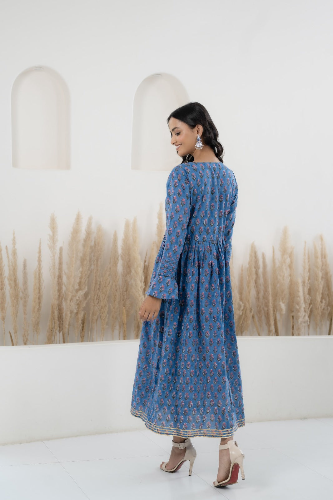 Women's Blue Printed Traditional Dress by Myshka- 1 pc set