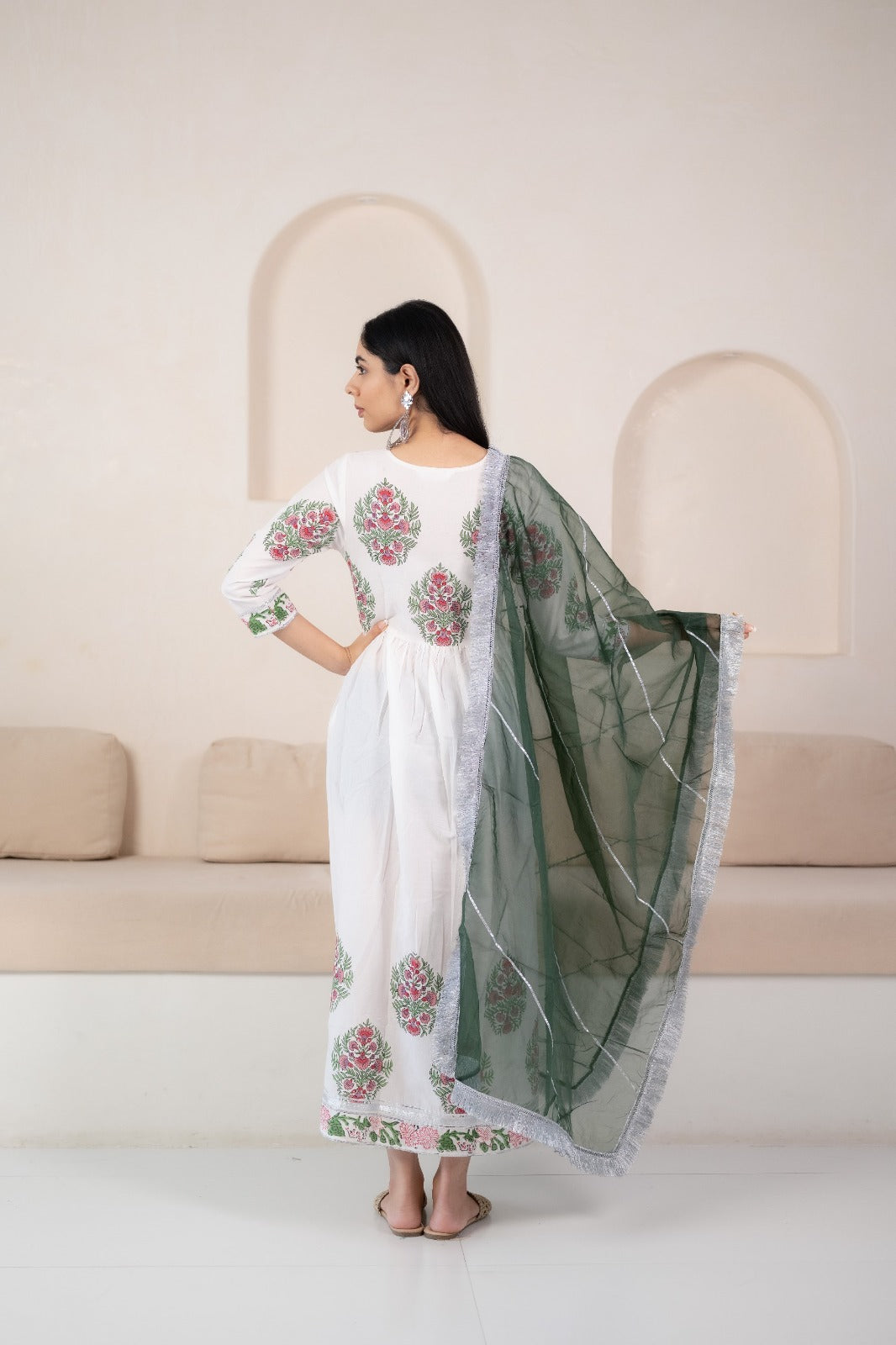 Women's White Anarkali Gown with Dupatta by Myshka- 2 pc set